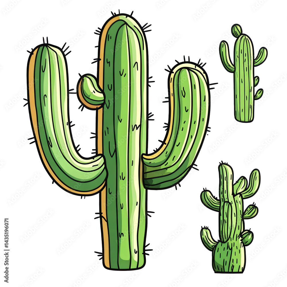 Poster stylized illustration of cacti. showcasing a large cactus with multiple arms and smaller versions of