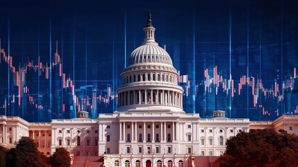 Digital art illustration of the U.S. Capitol building with dynamic stock market charts overlay, vibrant blue and orange color scheme, abstract geometric design, high resolution detailed render, govern