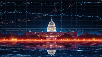 Digital art illustration of the U.S. Capitol building with dynamic stock market charts overlay, vibrant blue and orange color scheme, abstract geometric design, high resolution detailed render, govern