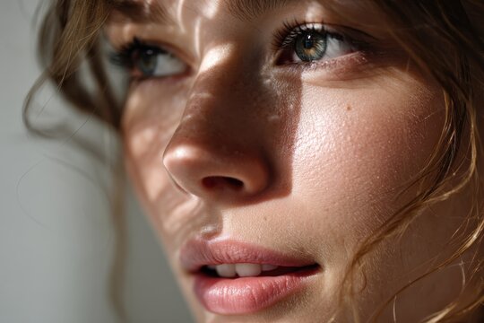 A stunning close-up of a woman's face using light and shadows to enhance her emotive features, inviting the viewer to explore the connection between light and human expression.