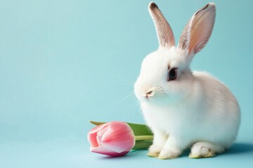 Obraz premium Adorable white rabbit with pink tulip on bright blue background