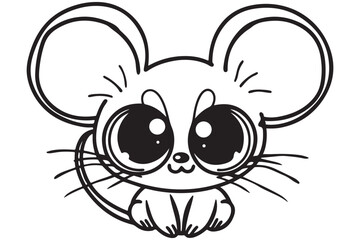 Cute Cartoon Mouse Drawing, Adorable Big-Eyed Animal Art, Black and White Kawaii Sketch