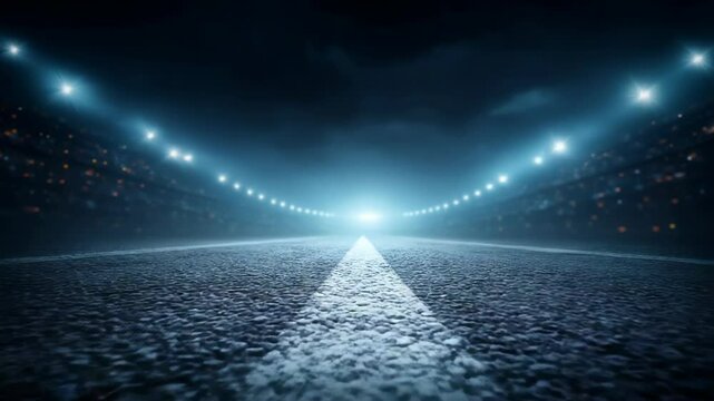 Dramatic view of a generic stadium illuminated by bright spotlights at nighttime for a major sporting event