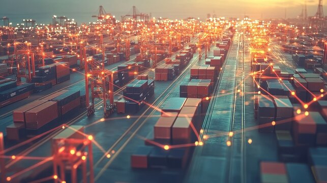 Logistics network flat design side view global supply chain theme 3D render Complementary Color Scheme