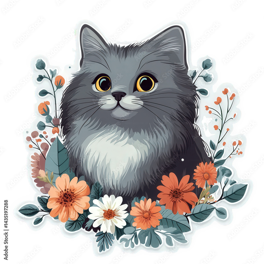 Poster cute. fluffy gray cat surrounded by colorful flowers and leaves the cat has large. expressive eyes a