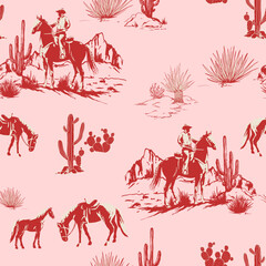 Cute Rodeo Cowboys seamless vector pattern. desert landscape with cacti repeating background. Wild West surface pattern design for All fabric and Prints