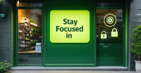 Obraz premium Storefront displays message, Stay Focused in. Shelves visible inside, locks suggest security, plants add greenery. Simple, direct branding.