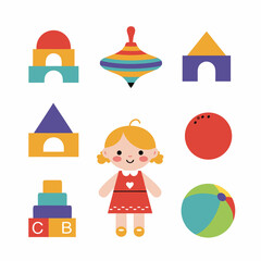 Colorful toys with a happy girl playing in a vector style  