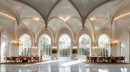 Atmospheric dining room with gothic arches and warm lighting high resolution image