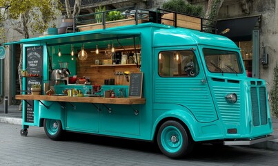 Vintage Turquoise Food Truck Cafe on City Street