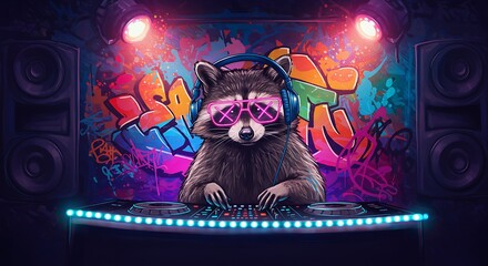 A fun and energetic painting of a raccoon DJ wearing neon sunglasses, mixing music in front of a colorful graffiti wall. The vibrant neon lights and urban vibe create a dynamic and cool atmosphere.