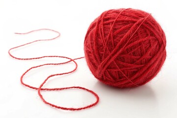 Red woolen yarn ball isolated white background