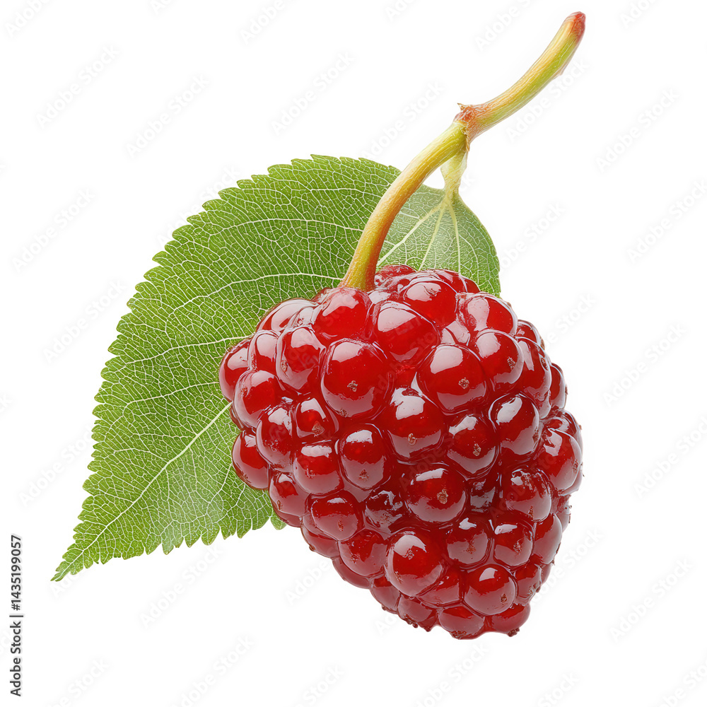 Poster single. plump raspberry with a glossy surface. resting beside a vibrant green leaf the bright red co