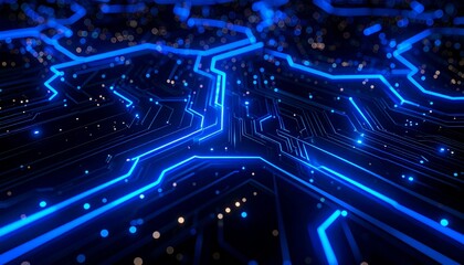 Obraz premium A mesmerizing digital circuit board design with neon blue pathways glowing against a deep matte black background.