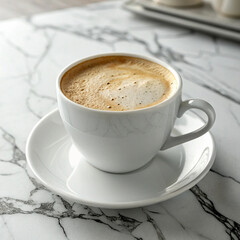 Cappuccino coffee with frothy milk foam served in white cup on marble background, cozy delicious warm drink
