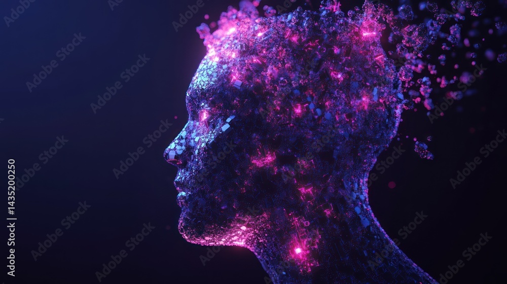 Poster Abstract digital portrait of a head, showcasing a fragmented, glowing structure