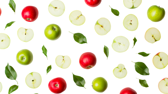 Apple background red green slice fruit healthy food fresh organic pattern wallpaper design nutrition isolated on a transparent background.