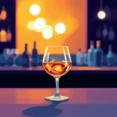 Vsai glass of whisky with ice resting on bar counter in warmly lit pub