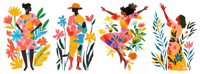 PNG Vibrant floral dance silhouettes, element set on transparent background