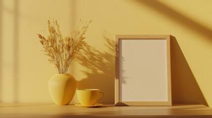 Minimalist yellow aesthetic still life featuring a vase with wheat a cup and a blank frame casting soft shadows on a textured wall creating a warm inviting atmosphere