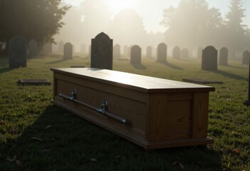 Wooden coffin in misty graveyard at dawn  