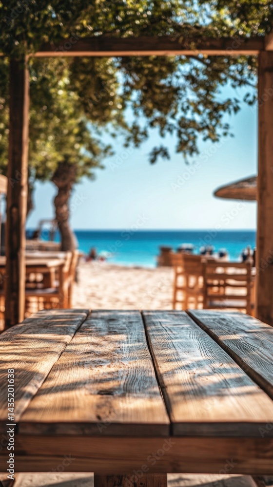 Poster serene beach view from rustic wooden table under shaded pergola capturing summer vacation vibes and 