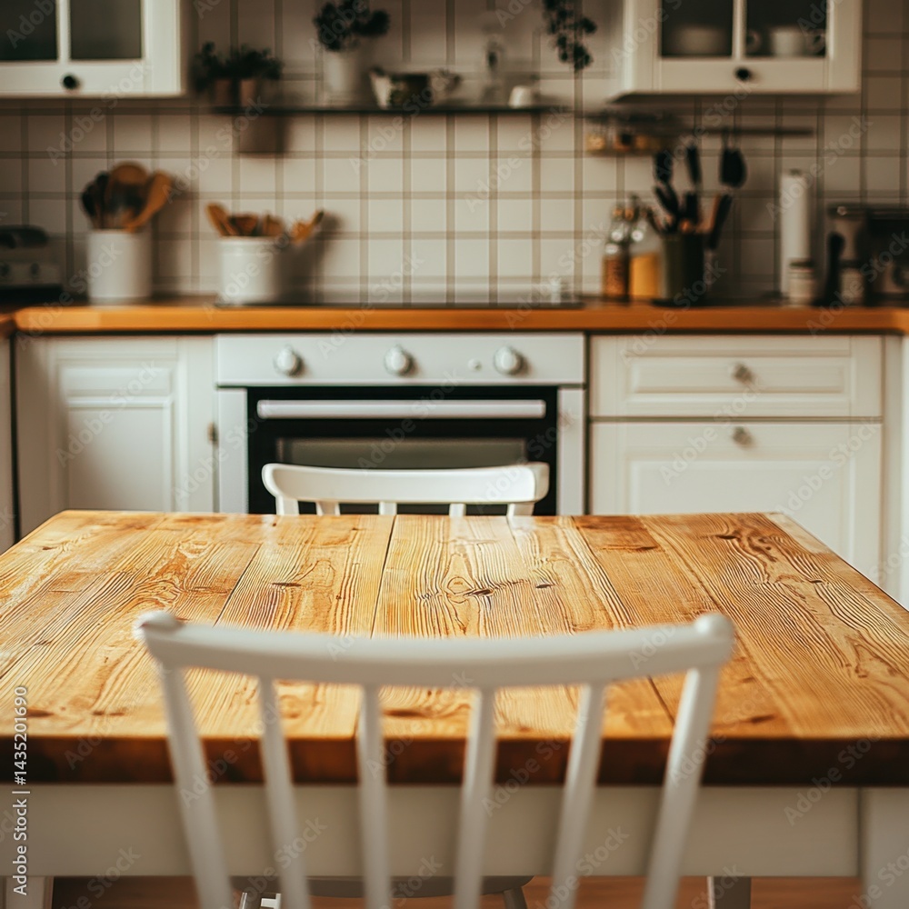 Poster rustic wooden table in a bright kitchen setting with white cabinets and checkered tile backsplash cr
