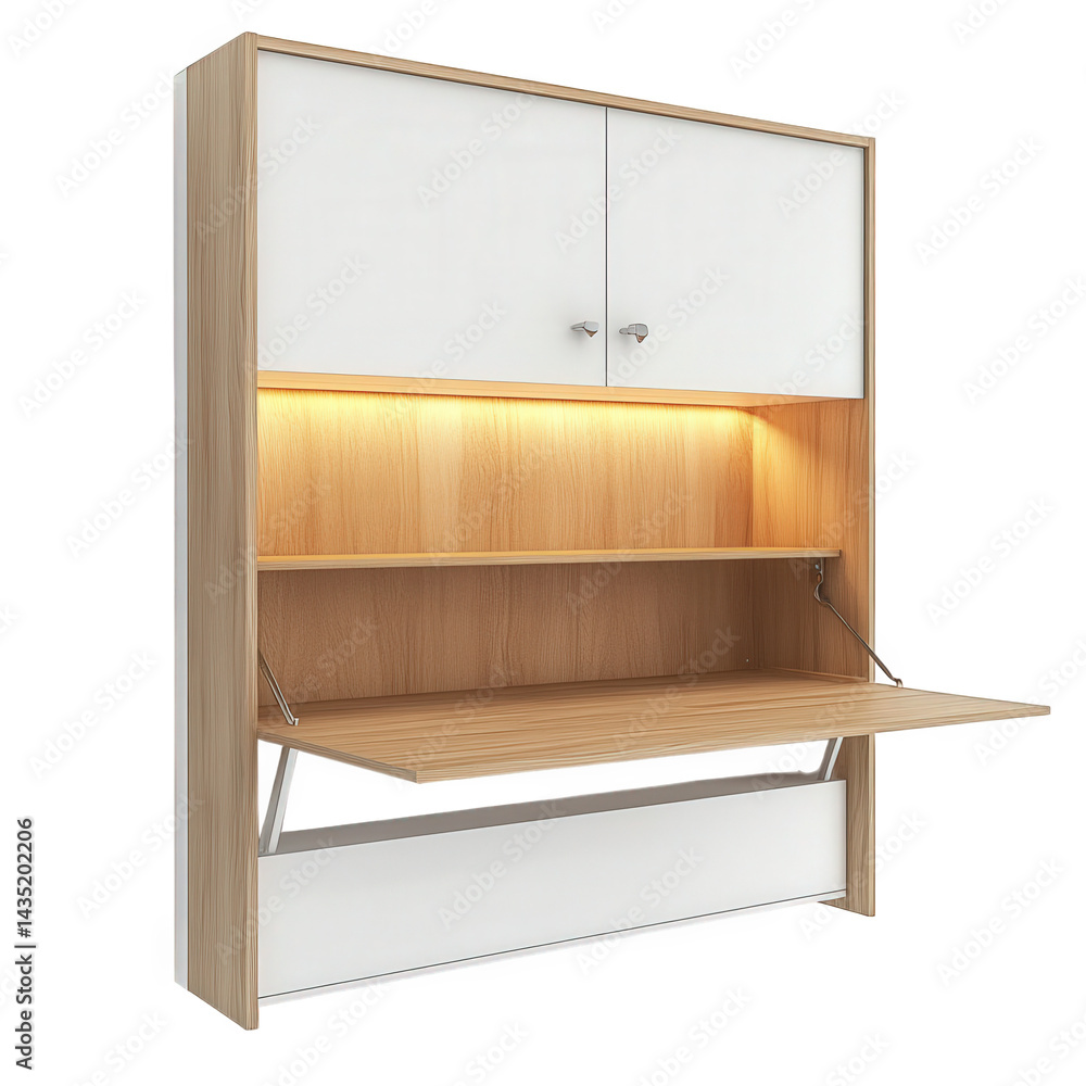 Poster a modern. wall-mounted desk unit featuring a wooden finish with white cabinet doors it includes an i