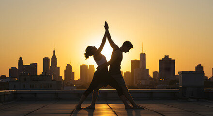 Silhouetted couple performs yoga pose on rooftop at sunset.  City skyline backdrop.  Warm, golden light. Athletic, active lifestyle.