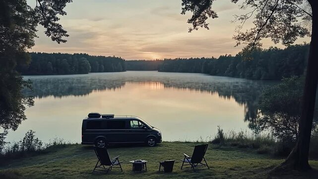 Lakeside Van Camping at Sunrise