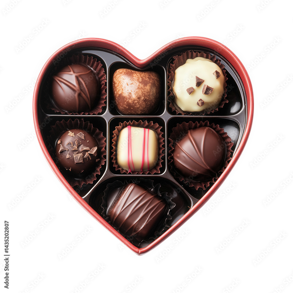 Poster a heart-shaped box filled with assorted chocolates. showcasing a variety of chocolate confections ar