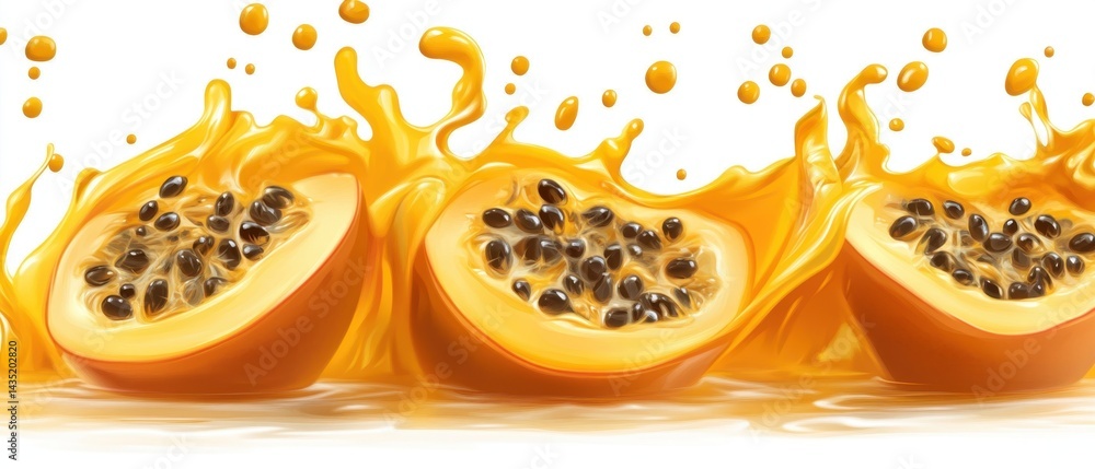 Aufkleber passion fruit halves in a vibrant juice splash against a white background creating a refreshing and 