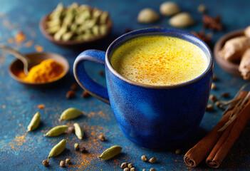 A blue ceramic cup of turmeric latte