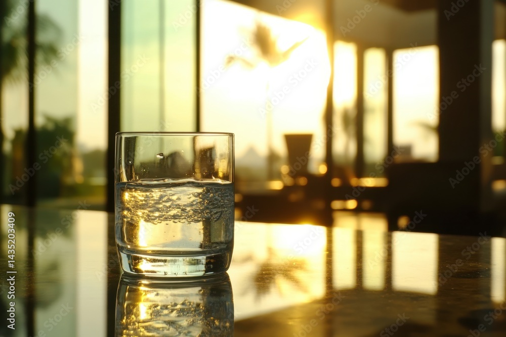 Poster refreshing glass of water on a table with a golden sunset background creating a serene and calming a