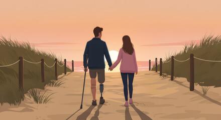 A man with a prosthetic leg and a woman hold hands, walking away from the camera on a sandy beach path at sunset.  