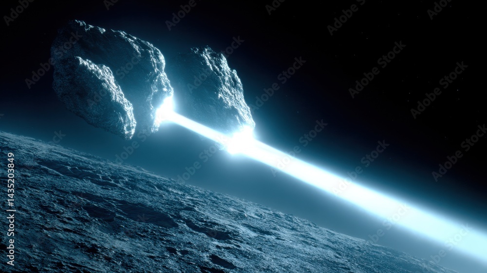 Poster asteroid impact on a distant planet surface creating a bright beam of light in the dark space cosmic