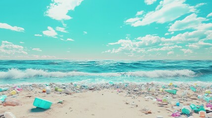 Ocean pollution cleanup flat design front view beach theme 3D render vivid. 