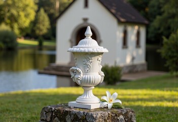 Elegant white urn with a lily by a serene lake background  