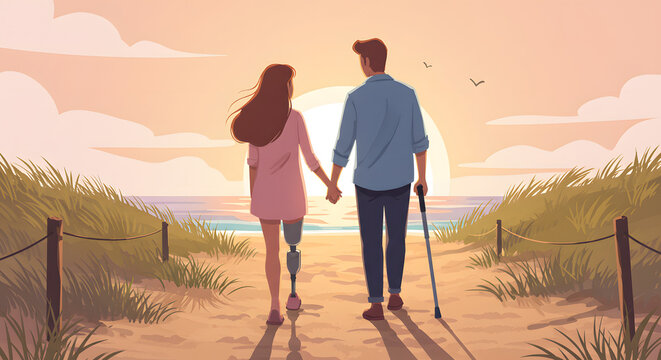 A vector illustration depicting a couple holding hands, walking away from the viewer on a sandy beach path at sunset. The woman has a prosthetic leg.  - Powered by Adobe
