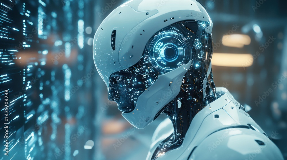 Poster advanced ai robot in a futuristic setting, immersed in data streams