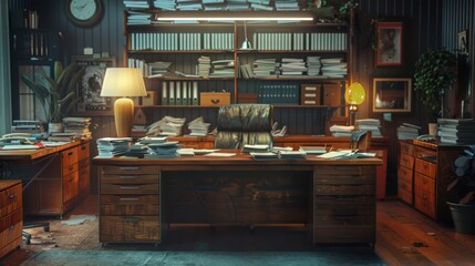 A Messy Office Desk With Stacks of Papers and a Leather Chair