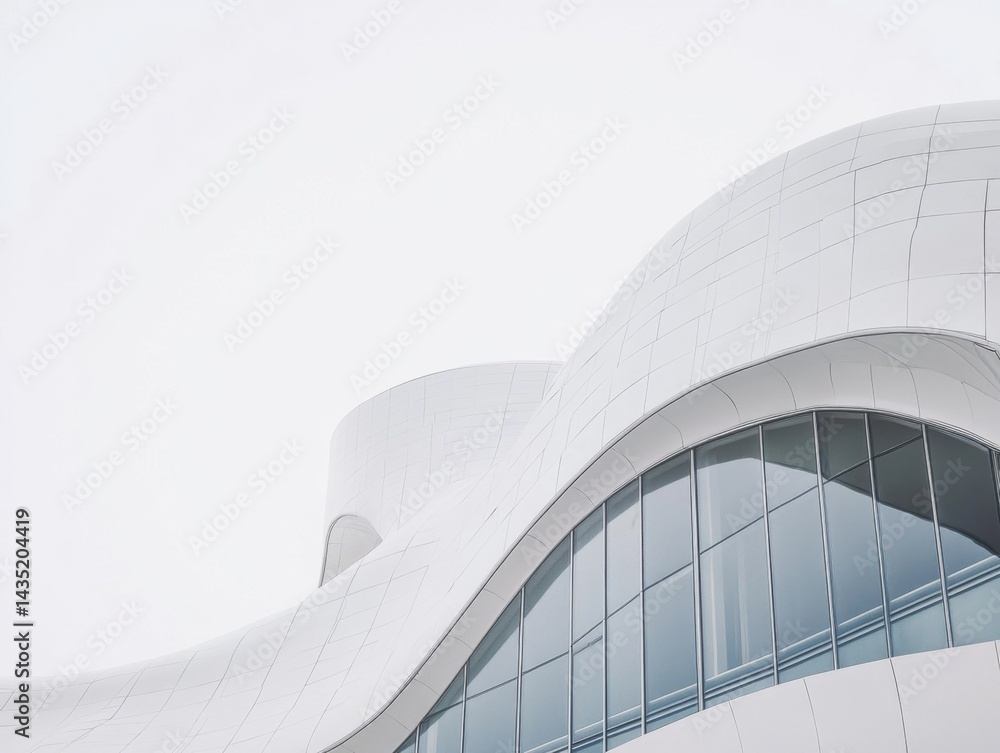 Poster modern architecture with sleek white curves and glass windows against a bright sky minimalist design