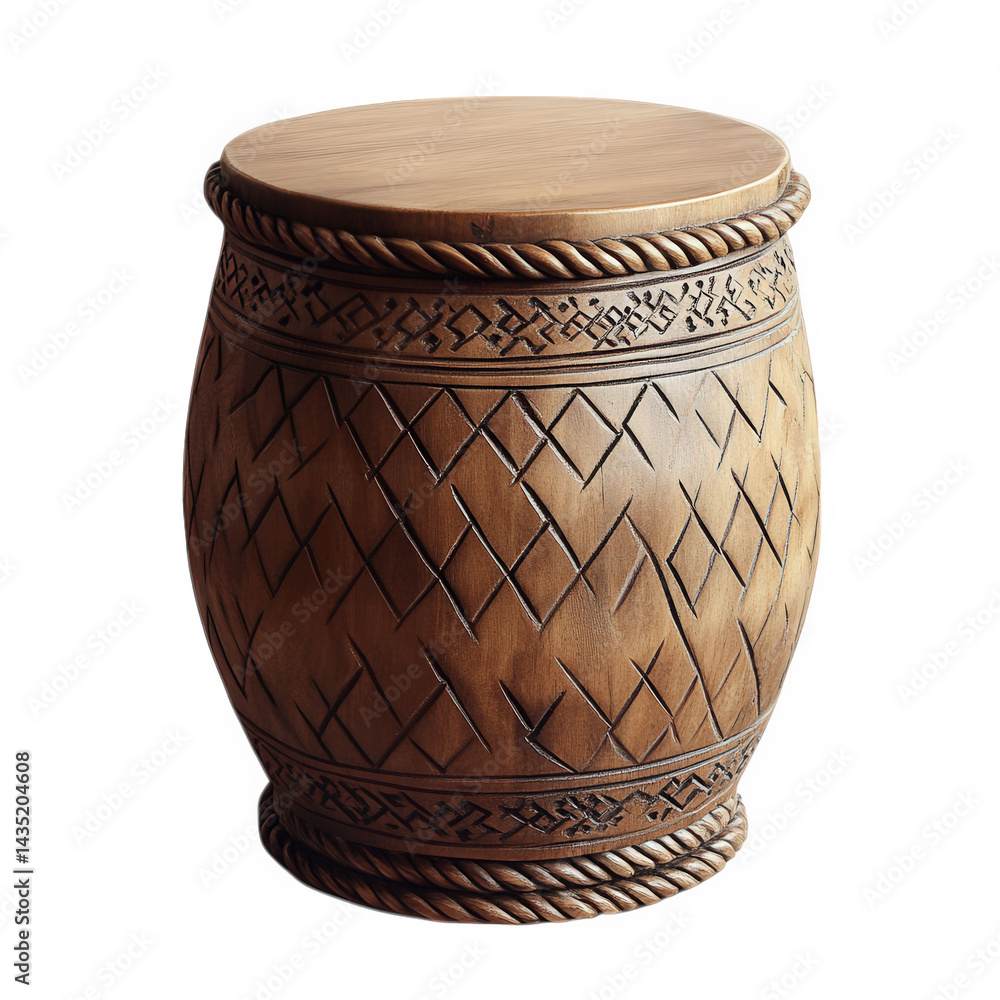 Poster decorative wooden stool or side table. characterized by its rounded shape and intricate carved patte