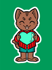 Doodle Sticker Illustration of a Cat Holding a Teal Heart Balloon