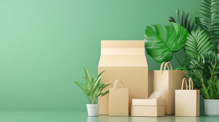 Packaging solutions flat design front view sustainability theme 3D render vivid. 