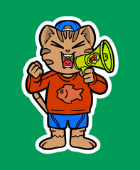Doodle Sticker Illustration of a Cat with Megaphone Shouting Announcement