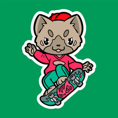 Doodle Sticker Illustration of a Cat Playing Skateboard