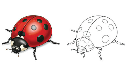 Obraz premium Ladybug Duo: A vivid pair of ladybugs, one in full color and the other a line art outline, create a striking contrast and showcase the beauty of the insect.