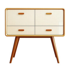 modern. minimalist dresser or chest of drawers with four drawers. designed with a sleek cream finish and wooden accents it is supported by slender. tapered legs. making it suitable for various interio