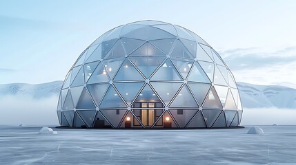 Transparent geodesic dome architecture with curved arch entry high resolution image
